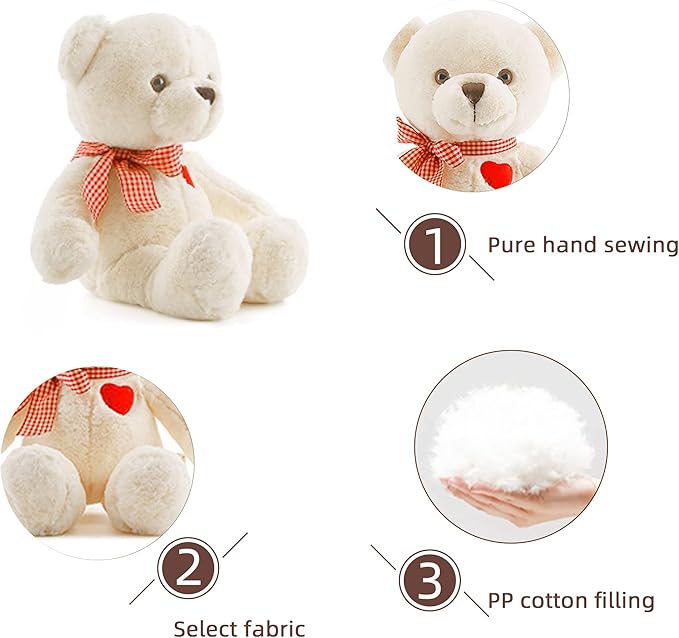 11.4” Small Teddy Bear with Heart Cute White Teddy Bear Stuffed Animals Soft Stuffed Bear Plush Bear Plushie Toys Gifts for Girlfriend Boyfriend Kid