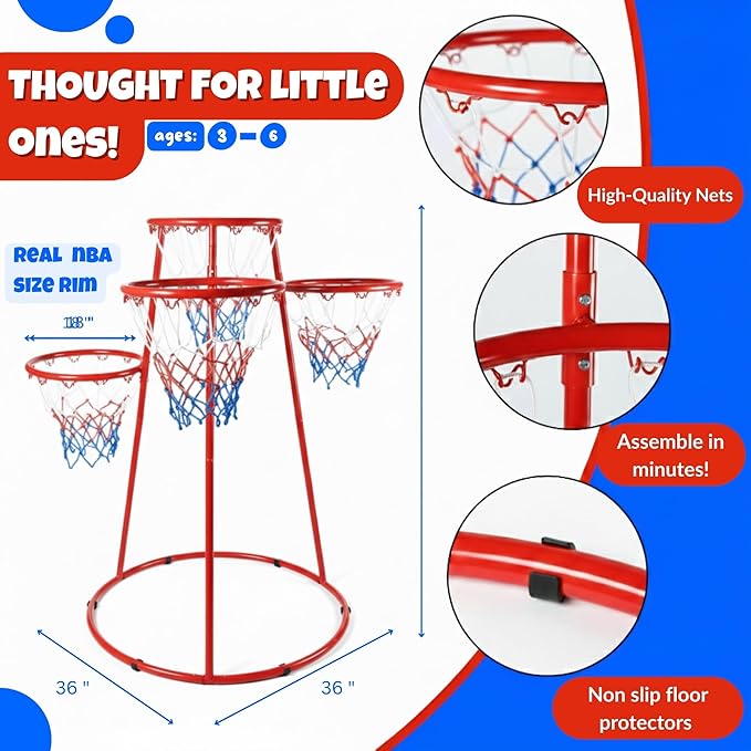 Activejoy- 4 Hoop Basketball Set - Toddler Basketball Hoop Indoor - Outdoor Play Preschool - +3 Years Old Toy. Includes 2 Balls and air Pump