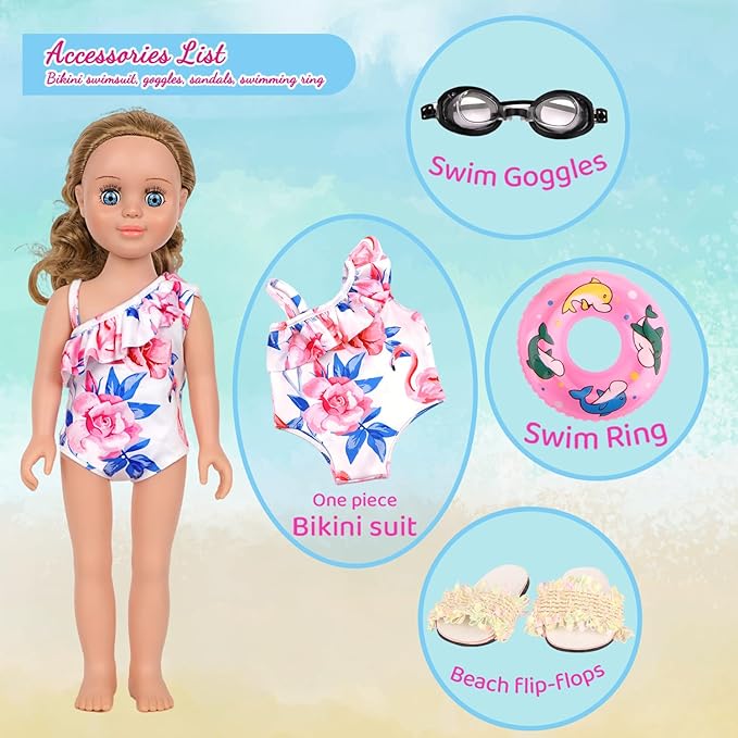 Doll Swimsuit Set for 18-Inch Doll, 7 Pcs Doll Swimming Accessories, 18-Inch Doll Bathing Suit Set, Fashion Doll Water Play Set, Doll Swimsuit, Goggles, Flip-Flops and Inflatable Swim Ring