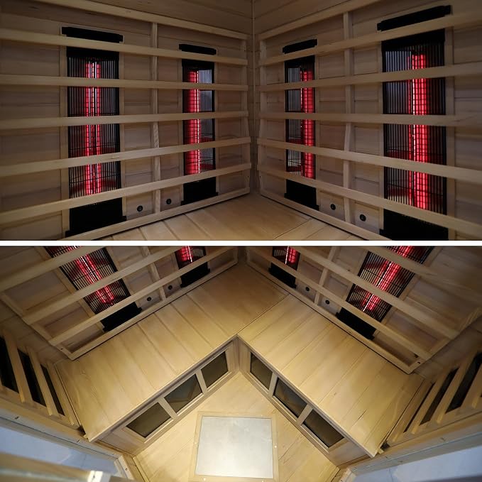 LTCCDSS Ceramic Far Infrared Sauna, Infrared Sauna 2-3 Person, Hemlock Indoor Sauna with 1750W, 5 Low EMF Heaters+4 Ceramic Heating Cube, 2 Bluetooth Speakers, Chromotherapy, LCD Display Dual Control