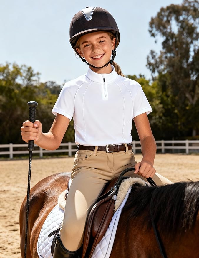 JOCMIC Girls Equestrian Shirt Short Sleeve Quick Dry Horse Riding Shirts Half Zip Horseback Show Shirt