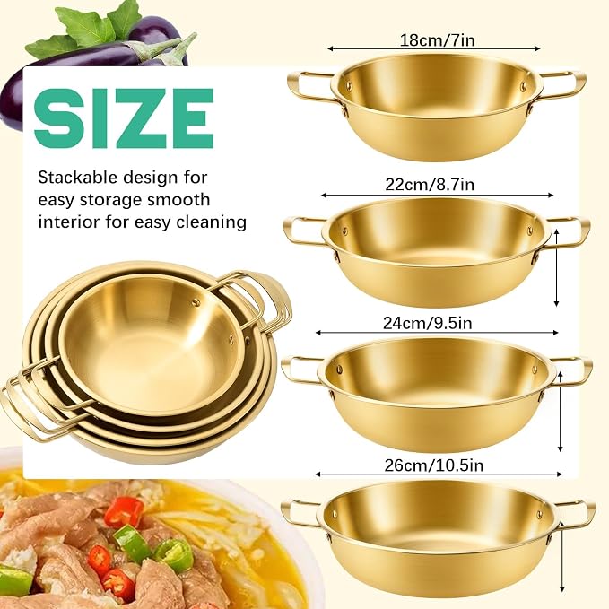 Patelai 4 Pack Korean Ramen Noodle Pots, Golden Stainless Steel Korean Cooking Pots with Double Handle, Fast Heating Pot for Soup, Noodles, Pasta, Kitchen & Outdoor Use, Sizes 7.1", 8.7", 9.5", 10.2"