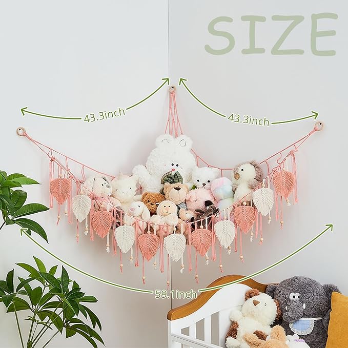 Pretty Jolly Macrame Stuffed Animal Hammock with Beads Hand Woven Leaf Tassels Corner Hanging Net Boho Plush Holder for Kid Room Nursery Decor Easy Install Organizer for Girls Gift(Leather Pink)