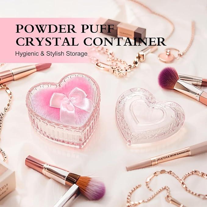 2 Pieces Large Body Powder Puff and Container, Dusting Powder Container with Puff,Powder Puff Crystal Case, Body Powder for Women Soft Washable Reusable Velour Face Body Glitter Wet Dry Makeup(Love)