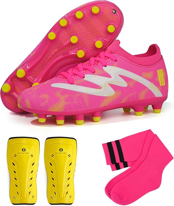 brooman Kids Firm Ground Soccer Cleats Boys Girls Football Shoes with Shin Guards and Soccer Socks