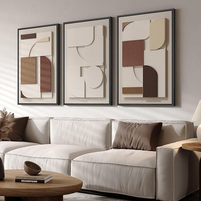 Large Framed 3D Textured Neutral Abstract Wall Art for Living Room, 3 Piece | Solid wood frames, texture paintings, modern artwork for walls, minimalist geometric pictures, wall decor for bedroom office