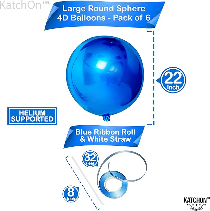KatchOn, Large Blue Mylar Balloons - 22 Inch, Pack of 6 | Royal Blue Metallic Balloons for Ramadan Decorations | Eid Decorations, Birthday, Gender Reveal, Baby Shower, Under The Sea Party Decorations