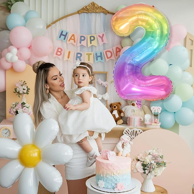 40'' 2 Balloon Number, Large Rainbow Foil Number 2 Balloons Birthday Party Decor, Mylar Self Inflating Multicolor Colorful Jelly Two Balloon for Girls 2nd Birthday Baby Shower Anniversary Decorations