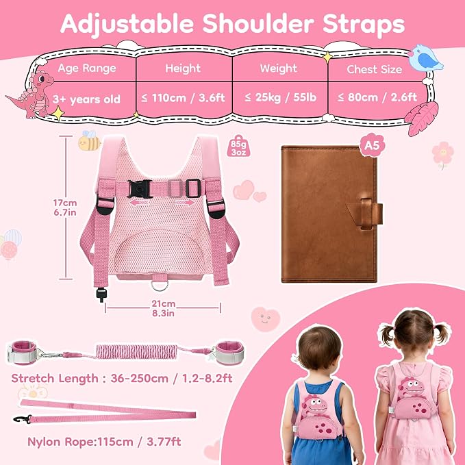 Dr.meter 3 in 1 Toddler Harness Leash + 8.2ft Anti Lost Wrist Link, Cute Dinosaur Kids Anti Lost Leash with Key Lock, Child Walking Harness for Parent Boys Girls Keep Kids Close, Travel Essensials