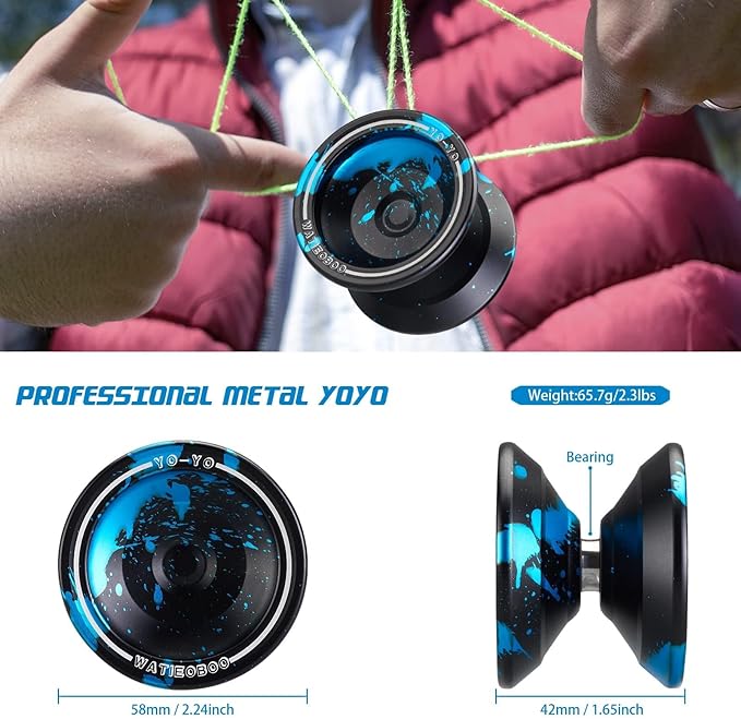WATIEOBOO yoyo Professional, Metal Responsive Yoyo for Kids Unresponsive Yoyos for Adults with Unresponsive Bearings Kits, Glove and 10 Replacement Yo-yos Strings - Black Blue