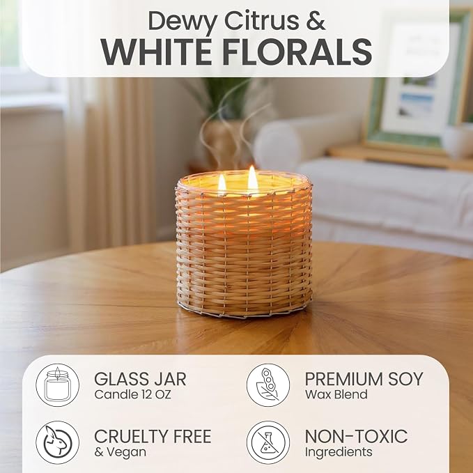 Coconut Rose Scented Candle – 12oz Luxury Soy Wax, 2-Wick in Handwoven Glass Jar, dewy Fruits, Juicy Green Citrus, Jasmine and Lush White Flowers 75+ Hour Clean Burn, Made in USA