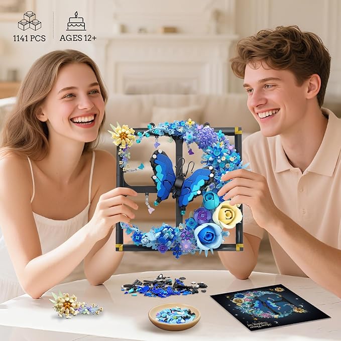 Moon Flower Building Set with Lights, 1141 PCS Wall Botanical Flowers Building Block Kit with Butterfly, Floral Plant Collection Office Home Decor, Gift for Her Adults Women Boys Girls 12+