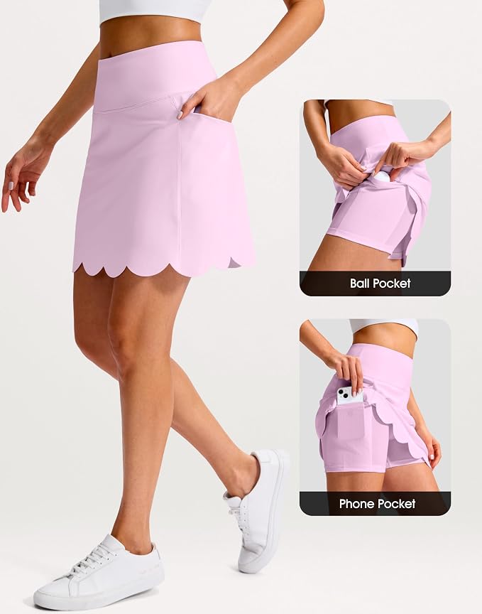 16" Skorts for Women with 4 Pockets High Waisted Scalloped Hem Athletic Tennis Skirt Golf Skort Dressy Casual