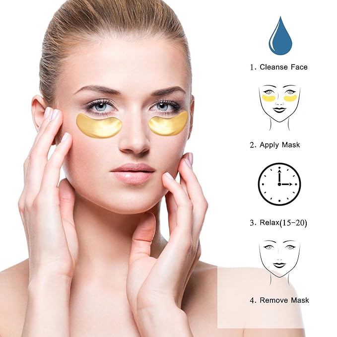 NYKKOLA 20 Pairs Gold Eye Mask Powder Crystal Gel Collagen Eye Pads For Anti-Aging & Moisturizing Reducing Dark Circles, Puffiness, Wrinkles