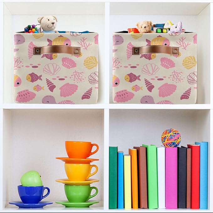 Aslsiy Storage Basket Ocean Life Turtle Nursery Bins Pink Fish Seashell Baby Box Canvas Clothes Shelf Basket Laundry Hamper 1 Pcs