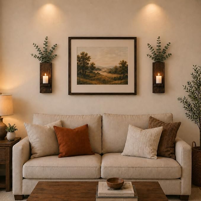 Wood Wall Decor Set of 2, Farmhouse Wall Planter for Small Spaces | wall vase and candle sconce in one, eucalyptus and dried flowers planter, solid wood, living room bathroom and entryway décor