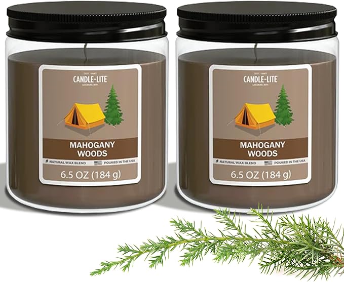 Candle-Lite 2 Pack Scented Candles, Mahogany Woods, 6.5 oz Jar, Proudly Poured in The USA, Aromatherapy Candle Set, Single-Wick with 40 Hours of Burn Time, Ideal Gift for Men and Women
