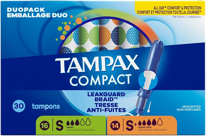 Tampax Compact Pearl Tampons for Women Multipack, with LeakGuard Braid & Extendable Applicator, Super/Super Plus Absorbency, Compact Extendable Applicator, Unscented, 30 Count