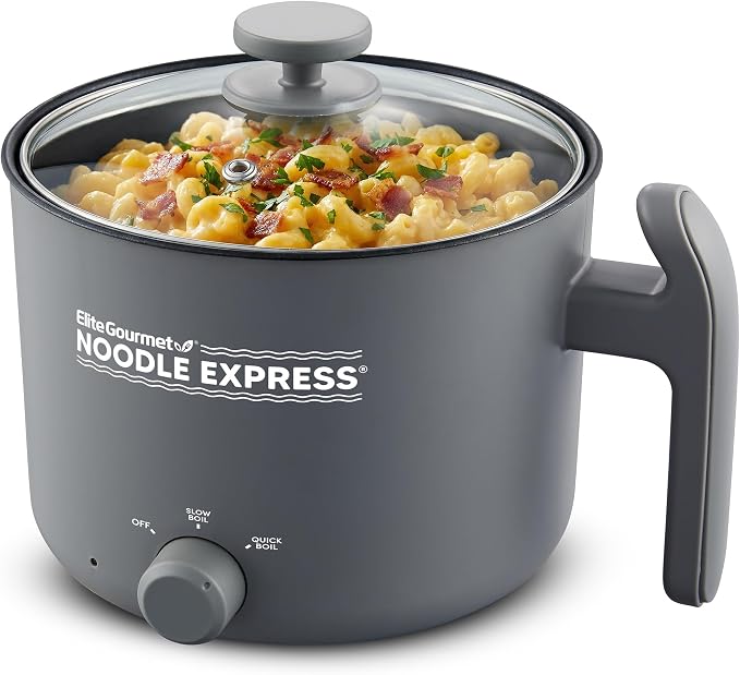 Elite Gourmet Noodle Express Electric Hot Pot, Ceralast Non-Stick, Grey | Cool-touch handle - PFAS-free ceramic coating - prepares noodles, soups & stews - glass lid - 2 heat settings, High/Low