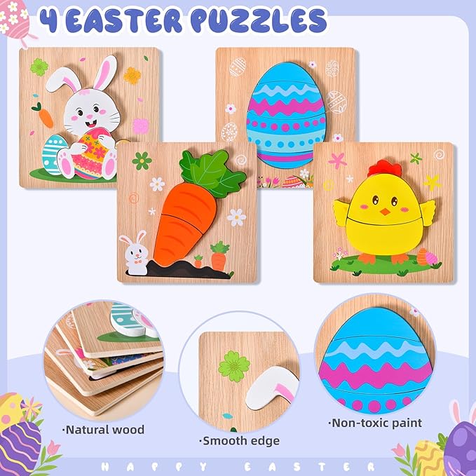 4 Pack Easter Wooden Puzzles for Kids Boys Girls Toddlers Jigsaw Puzzles Toys for Easter Basket Stuffers Party Favor