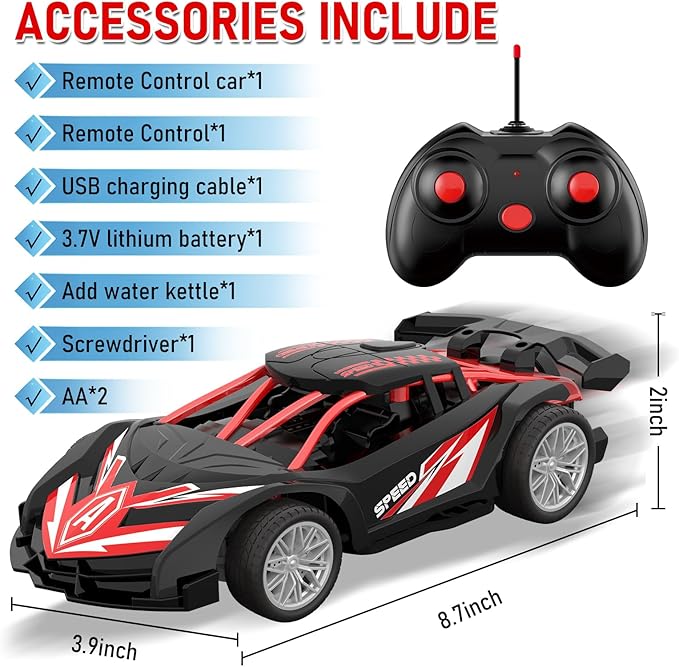 1/18 RC Car for Kids with Rechargeable Battery, LED Lights & Spray - Remote Control Car for Boys, Small RC Drift Cars for Ages 4-7 (Black & Red)