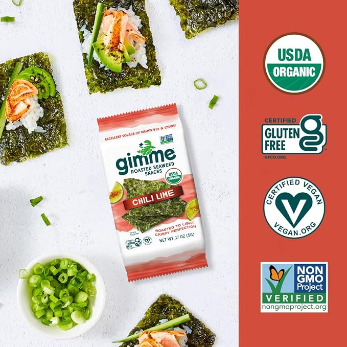 Gimme Seaweed Organic Premium Roasted Seaweed Snacks, Chili Lime, 6 Count, Keto, Vegan, Gluten-Free, Great Source of Omega3s and Iodine, Healthy On-The-Go Snack for Kids and Adults