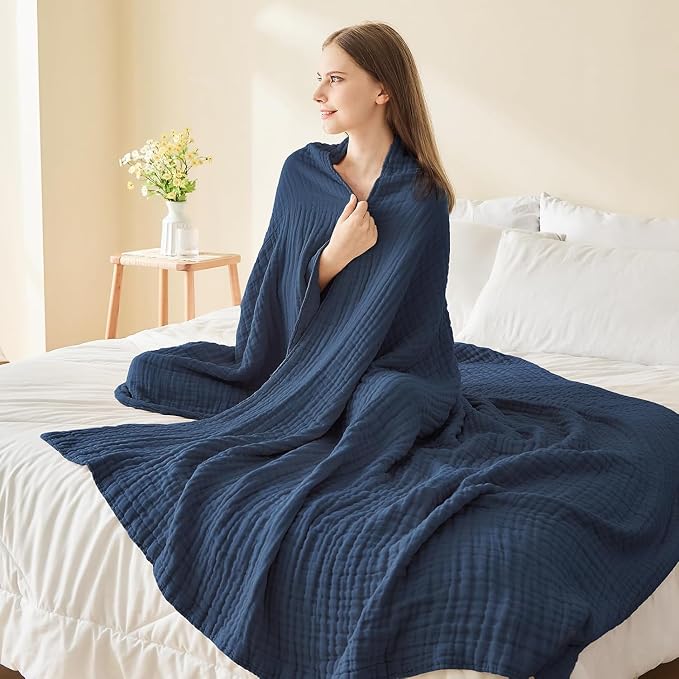 EMME Muslin Blankets for Adults Throw Blanket for Couch Breathable Gauze Soft Lightweight Airy Navy Twin XL 66" x 90"