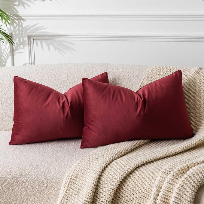 16x24 Pillow Covers Set of 2 Decorative Velvet Throw Pillow Covers,Burgundy | Luxury Red Cushion Covers with Invisible Zipper for Couch Sofa Bed Living Room Bedroom Home Decor Christmas
