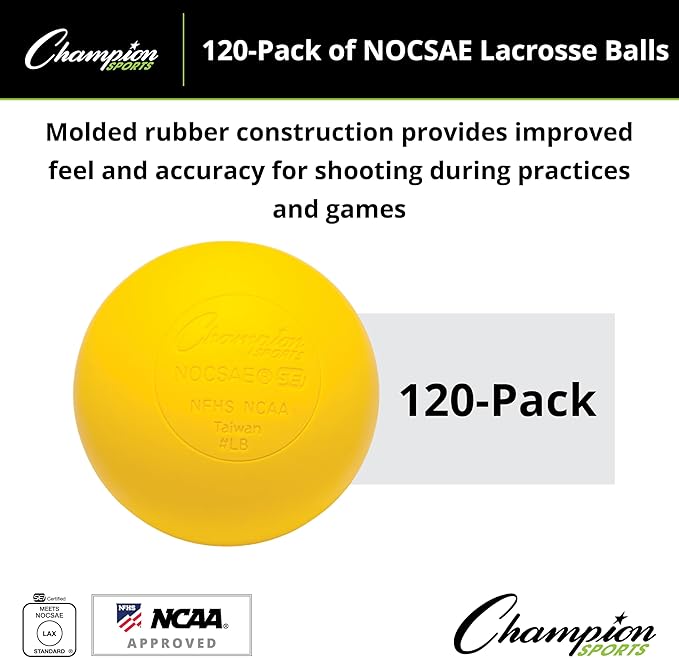 Champion Sports Lacrosse Balls – Official Size SEI Certified, Multi-Color Packs of 3, 6, or 12 for Practice & Games
