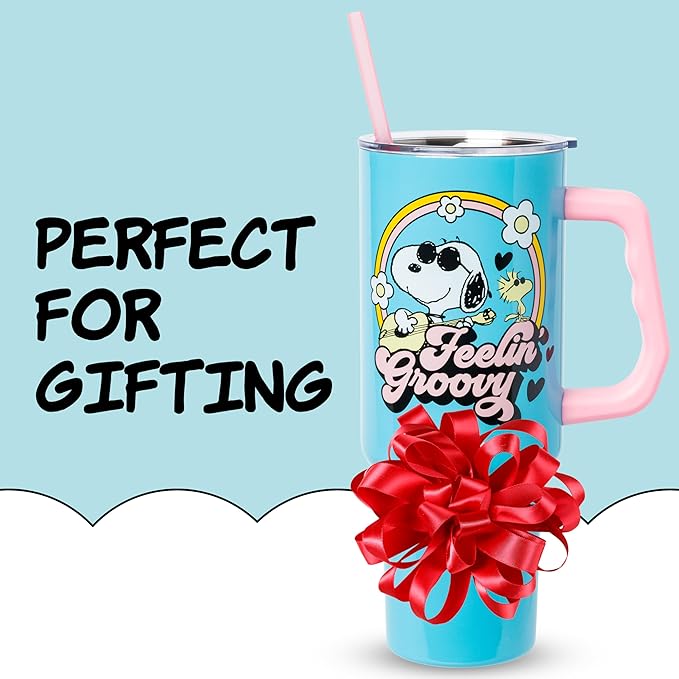 Silver Buffalo Peanuts Featuring Snoopy and Woodstock Feelin' Groovy Double Walled Stainless Steel Tumbler with Handle and Straw, Fits in Standard Cup Holder, 40 Ounces