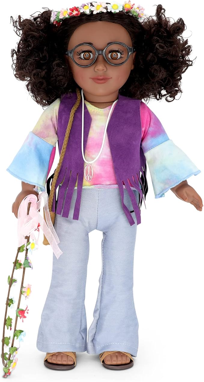 Playtime by Eimmie 18 Inch Doll Clothes and Accessories - Retro Flower Outfit with Tie-Dye Shirt, Fringe Vest, Jeans, Sandals & Flower Crowns - Fits American, Generation & Similar 18” Dolls for Girls