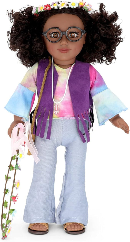 Playtime by Eimmie 18 Inch Doll Clothes and Accessories - Retro Flower Outfit with Tie-Dye Shirt, Fringe Vest, Jeans, Sandals & Flower Crowns - Fits American, Generation & Similar 18” Dolls for Girls