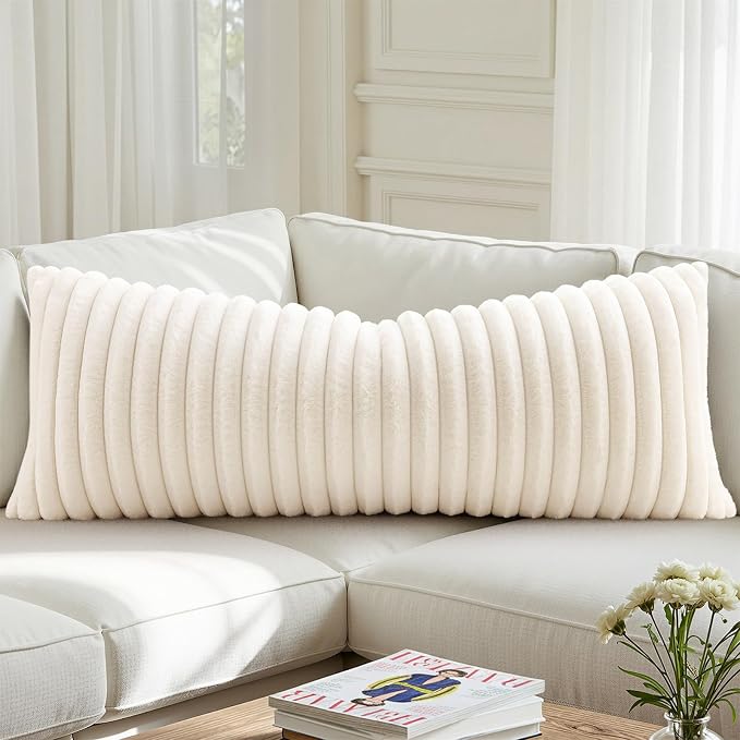decorUhome Fall Faux Fur Throw Pillow Covers 14x36 Pack of 1 Cream White | Decorative Soft Cozy Striped Plush Modern Farmhouse Boho Couch Pillow Cases Velvet Back for Sofa Bed Living Room Home Decor