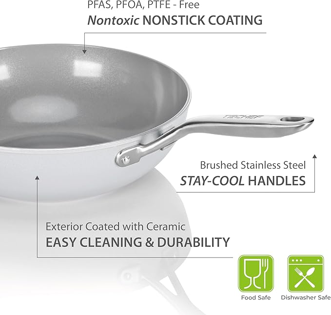 TECHEF - CeraTerra 12" Ceramic Nonstick Wok/Stir-Fry Pan with Glass Lid, (PTFE and PFOA Free Ceramic Exterior & Interior), Made in Korea (12-in with lid)