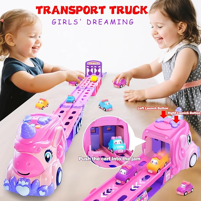 ZSHKG Girls Cars for 1 2 3 4 5 Year Old,Kids 7-in-1 Pink Unicorn Foldable Transport Carrier Trucks with Lights and Music W/ 6 Princess Cars Birthday Presents for 1-3 3-5 Yrs Old Girls Toddlers Babys