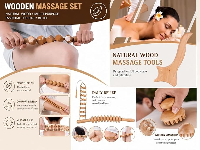 7-in-1 Wood Therapy Massage Tools Set, Wood Therapy Kit for Lymphatic Drainage, Maderoterapia Wooden Massager, Anti Cellulite Body Sculpting Roller, Body Contouring Tool for Waist, Legs & Back
