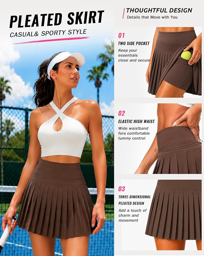Pleated Tennis Skirt for Women with Pockets Shorts High Waisted Athletic Golf Skort for Workout Pickleball