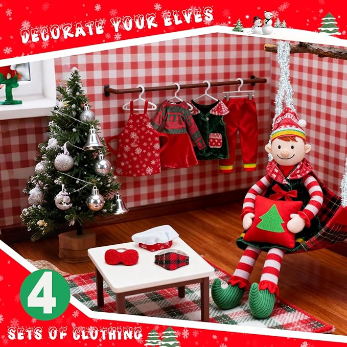 Christmas Doll Clothes & Accessories Kit, 12PCS Retro Christmas Style Vest, Skirt, Hammock, Chef Hat, Apron, Eye Mask – Festive Girl Boy Doll Clothes for Kids Xmas Party Decor