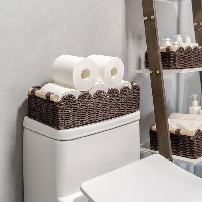 CubesLand Scalloped Toilet Paper Storage Basket W/Handle for Home Decor | Paper Rope Toilet Organizer Basket for Countertop, Over Toilet Shelf, End Table, Living Room Cozy Decorative & More, Brown
