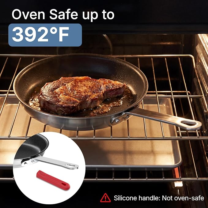 DUMOS 8 Inch Nonstick Frying Pan, Heavy-Gauge Aluminum Skillet with Ceramic Nonstick Coating, Stainless Steel Base & Handle, Omelet Pan for Induction, Electric, Gas, PFAS Free, Oven Safe, Red Handle