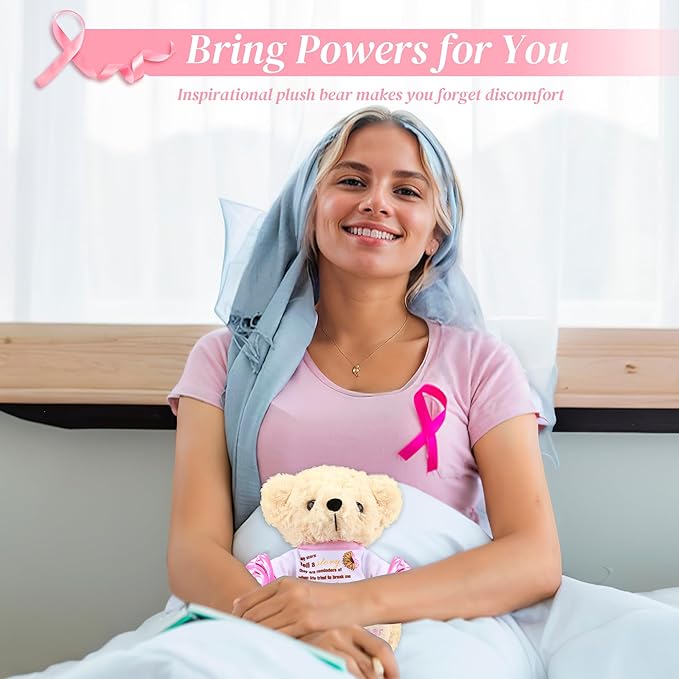 Breast Cancer Awareness Stuffed Bear Plush – 8" Fuck Cancer Teddy Bear Stuffed Animal Toy with Pink Boxing Gloves, Breast Cancer Comfort Gifts for Women, Inspirational Gift For Cancer Warrior Fighter