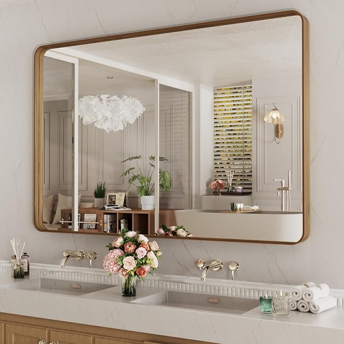 LOAAO 55X36 Inch Bathroom Mirror with Wood Grain Colored Metal Frame, Rounded Rectangle Metal Framed Bathroom Mirror, Anti-Rust, Hangs Horizontally or Vertically, Tempered Glass | Rounded Rectangle Metal Framed, Anti-Rust, Hangs Horizontally or Vertica...