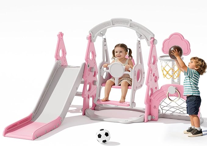 KORIMEFA 6-in-1 Kids Slide and Swing Set, Toddler Slide with Basketball Hoop, Swing, Outdoor Indoor Playground for Toddlers 1-3 Pine Shape Design(6 in1-Pink)