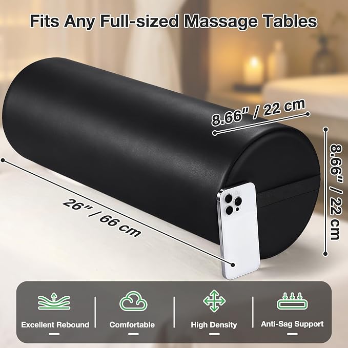 Full Round Bolster Pillow, 26" x 9" PU Leather Massage Table Bolster with Strap Handle, Massage Pillow for Knee Back Ankles Pain Relief, Comfortable Leg Bolsters Cylinder Pillow for Home / Spa / Yoga