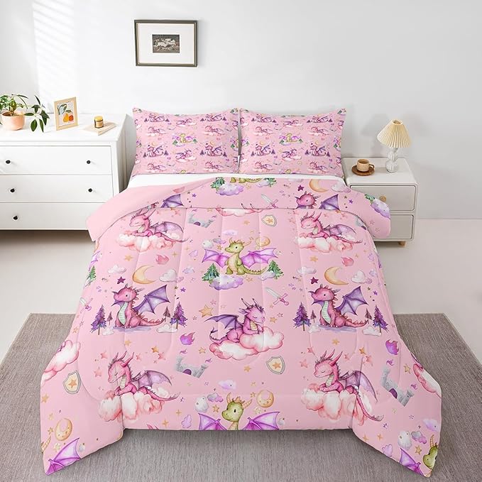 Feelyou Dragon Comforter Set King Size Kawaii Stuff Comforter for Boys Girls Teens Cute Bedding Set Dragon Decor Duvet Set Room Decor Pink Quilt Set