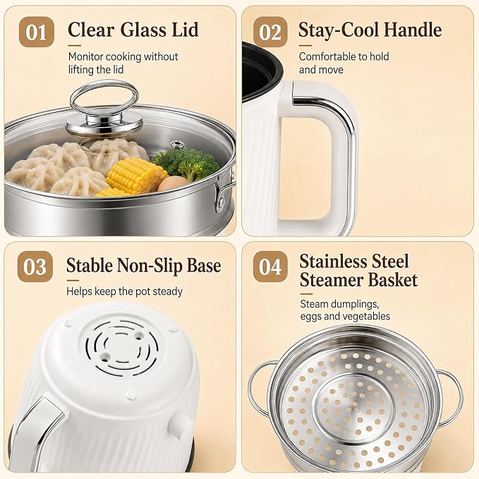 1.6L Nonstick Personal Electric Hot Pot with Steamer Basket & Clear Glass Lid, 300W/600W Electric Ramen Cooker for Dorms, Apartments & Offices, Noodles, Soup, Oatmeal, Pasta, Shabu-Shabu & Boiled Eggs