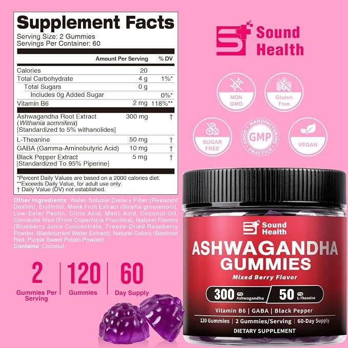 Ashwagandha Gummies for Women & Men | Organic Ashwagandha Supplement with Vitamin B6, Black Pepper | Vegan, Plant Based, Non-GMO, Gluten-Free - 120 Count (60-Day Supply)