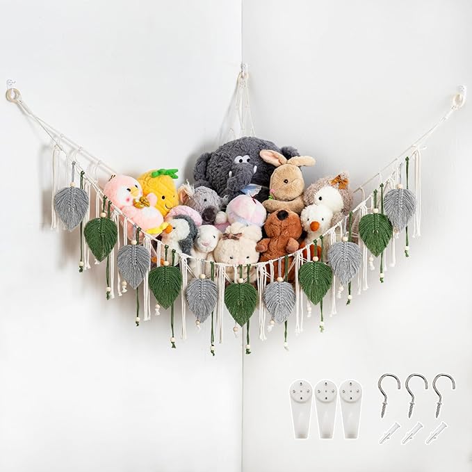 Pretty Jolly Macrame Stuffed Animal Hammock with Beads Hand Woven Leaf Tassels Corner Hanging Net Boho Plush Holder for Toys Kid Room Nursery Deco Organizer for Girls Gift(Sage Green&Avocado Green)