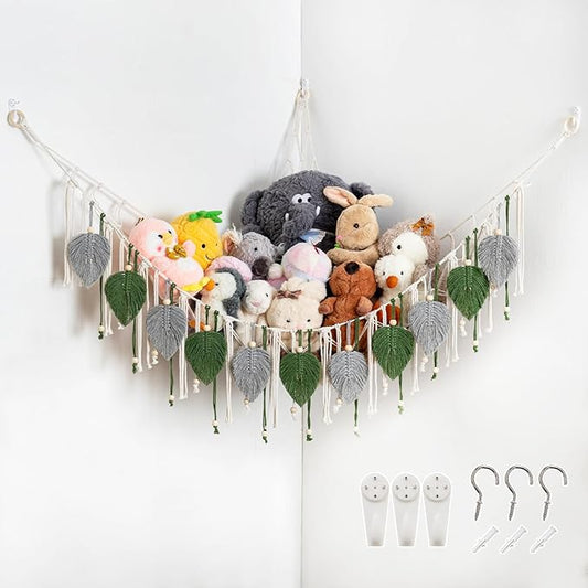 Pretty Jolly Macrame Stuffed Animal Hammock with Beads Hand Woven Leaf Tassels Corner Hanging Net Boho Plush Holder for Toys Kid Room Nursery Deco Organizer for Girls Gift(Sage Green&Avocado Green)