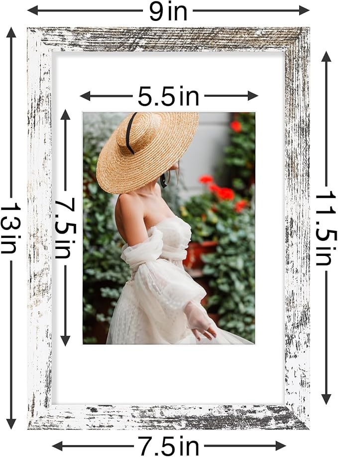Vittanly 8x12 Picture Frames Set of 9, Wall & Tabletop, Distressed White | Display Pictures 6x8 with Mat or 8x12 without Mat, Engineered Wood with Shatter Resistant Plexiglass, Gallery Photo Frames